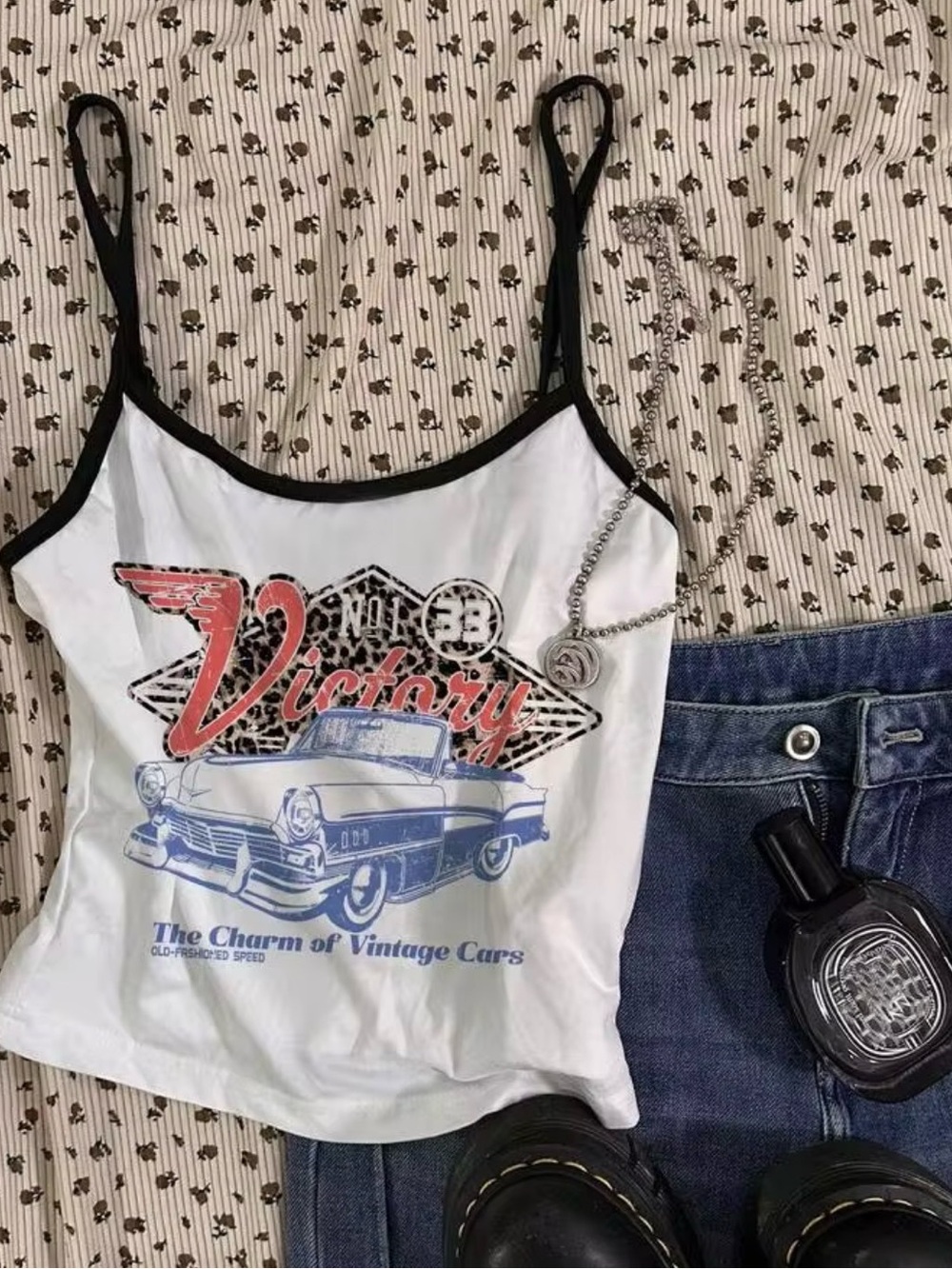 Victory Graphic White Spaghetti-Strap Tank Top